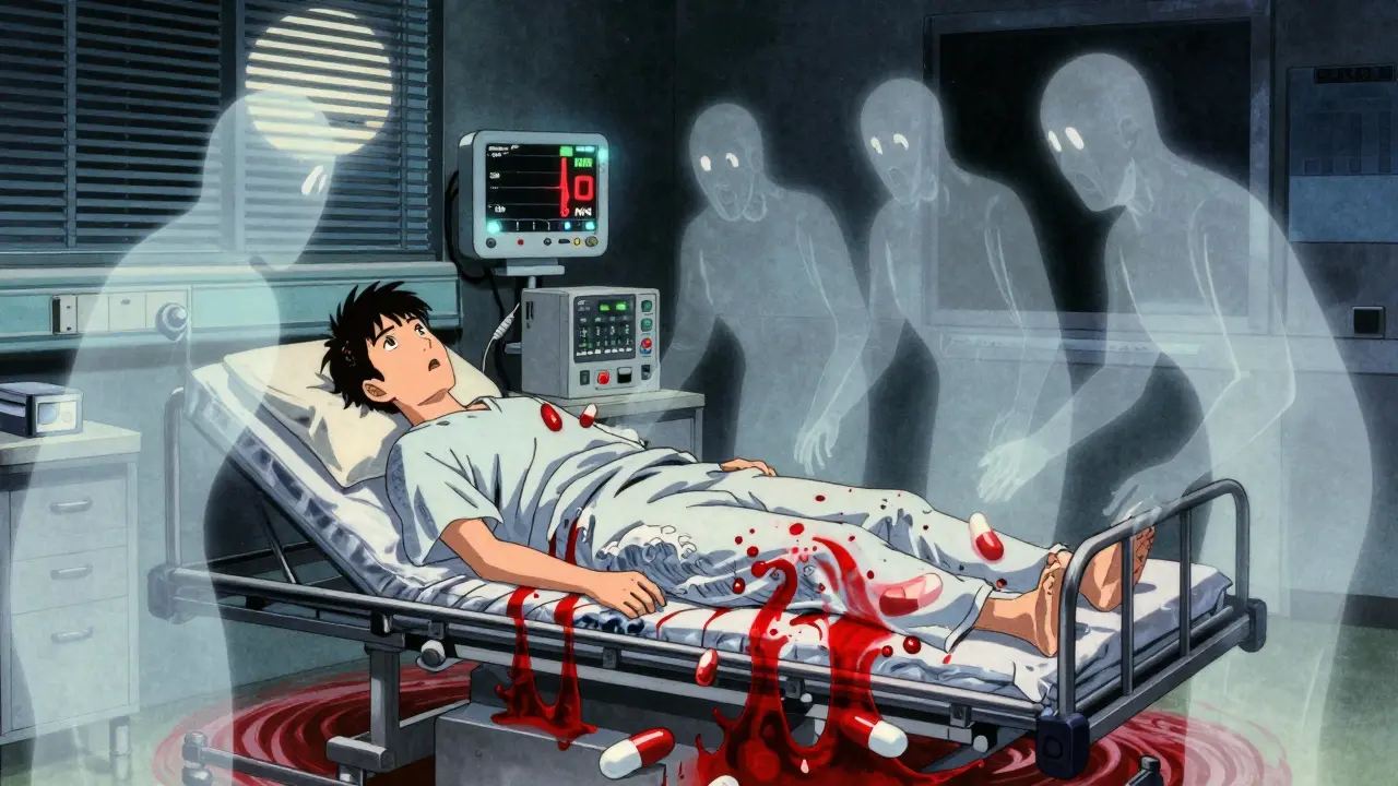 A patient in an ER with a high INR monitor, NSAID pills draining blood into a dark vortex, ukiyo-e wave patterns.