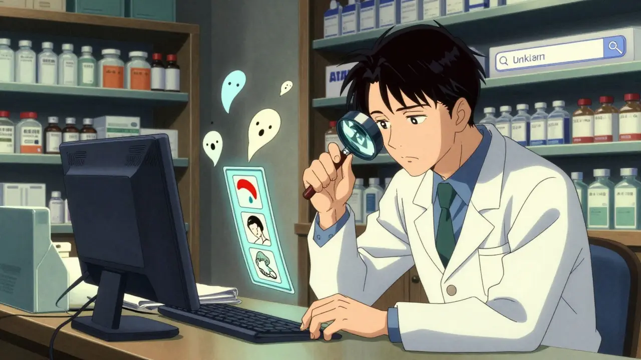 A pharmacist examines a floating drug label with a magnifying glass, side effect spirits rising from it.