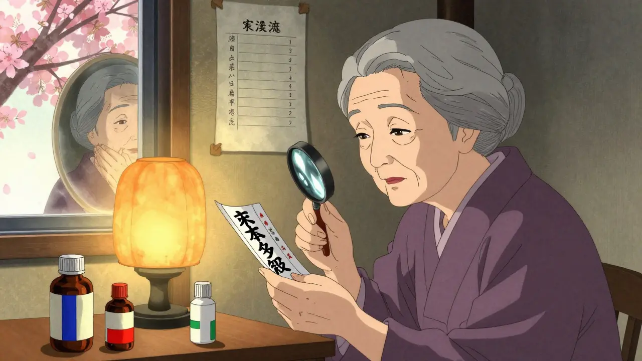 An elderly woman uses a magnifying glass to read a prescription label under a warm lamp.