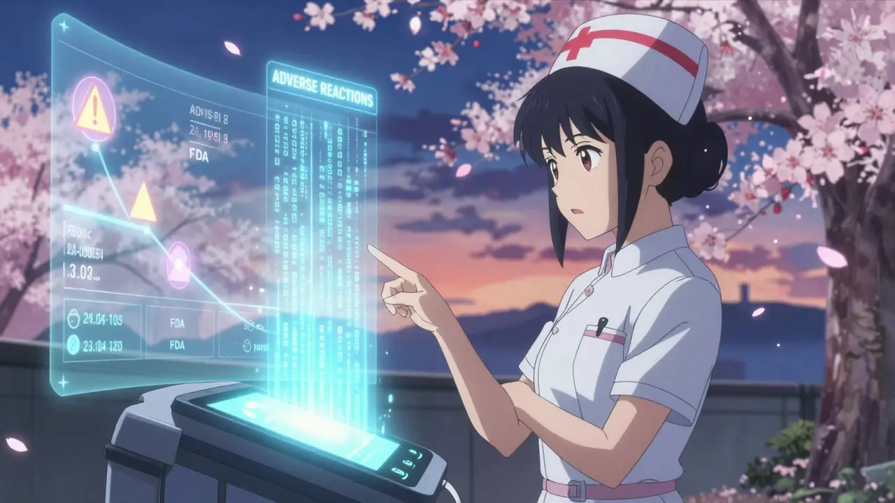 An ER nurse views a projected drug side effects section as data flows like a waterfall in twilight.