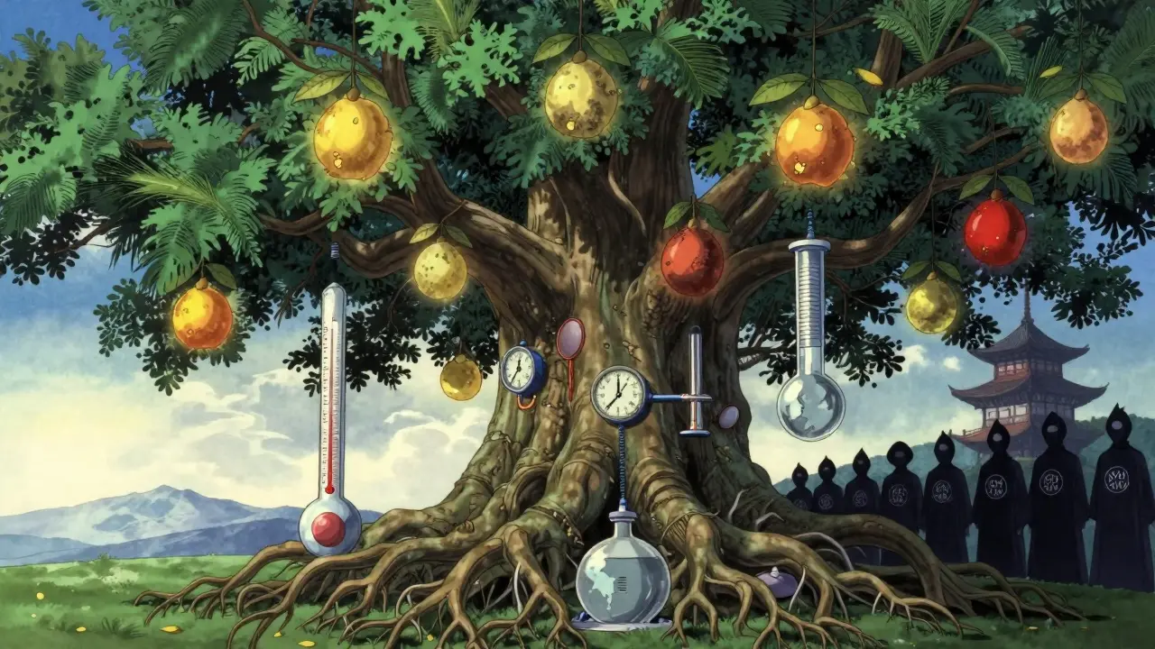 Ancient tree with roots as lab tools, leaves representing global climate zones and glowing potency fruits.