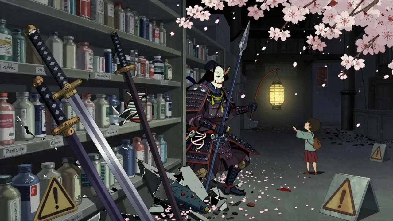 Broken antibiotic swords lie amid armored bacteria on a pharmacy shelf, lit by a stewardship lantern.