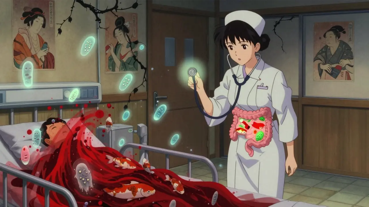 C. difficile spores drift through a hospital as healthy gut bacteria drown in antibiotic waves.