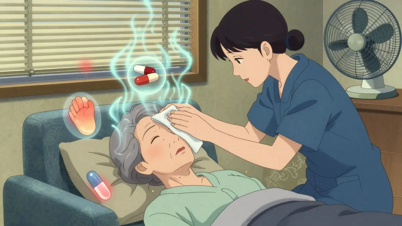 Caregiver cooling an older woman with a cloth, while dangerous medication icons float as warning pulses.