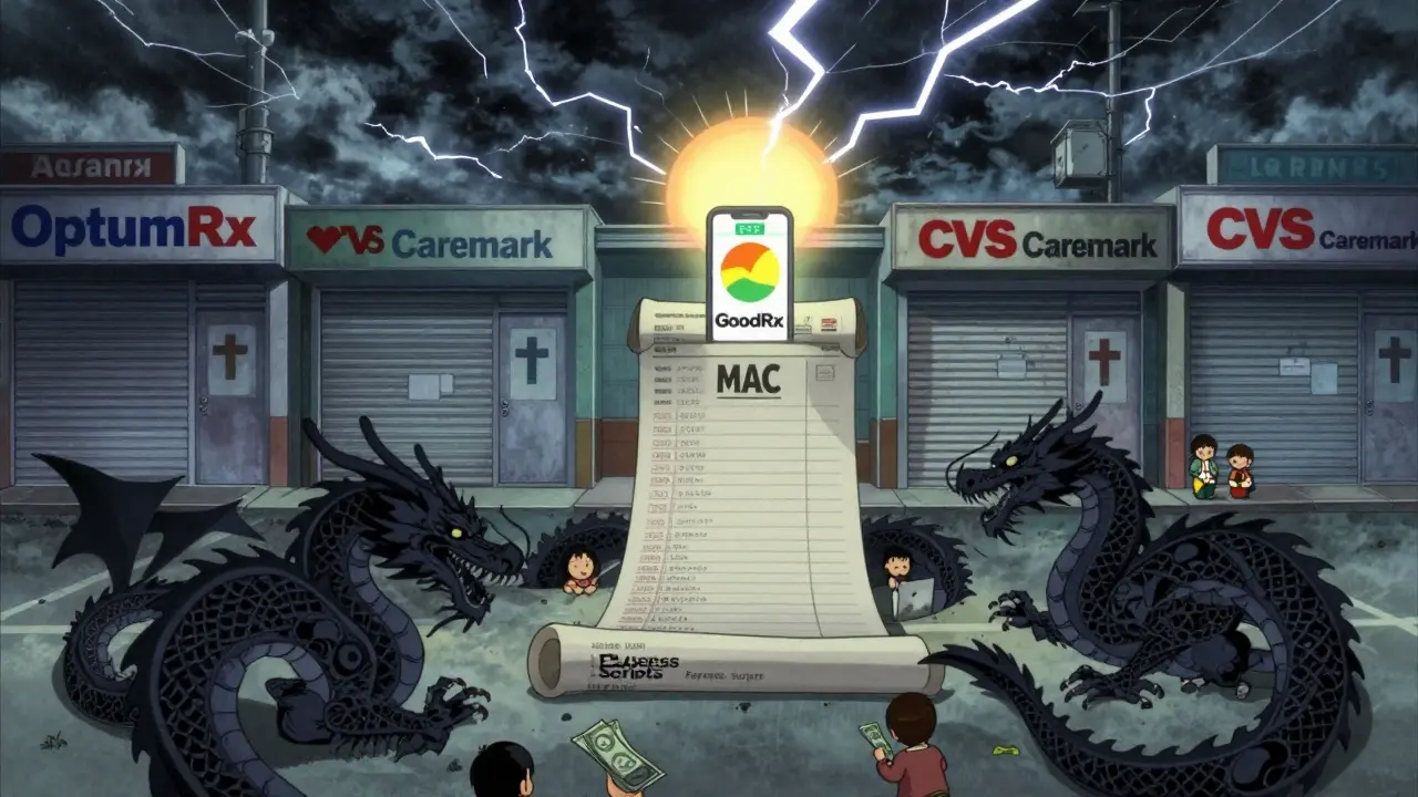 Closed pharmacies under stormy sky, corporate dragons controlling drug pricing.