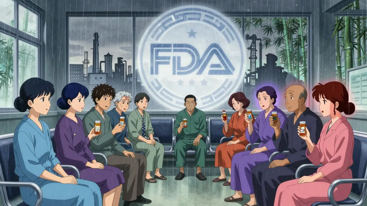 Diverse patients in a clinic with colored auras reflecting their reactions, a fading FDA seal above them as factory silhouettes appear in the distance.