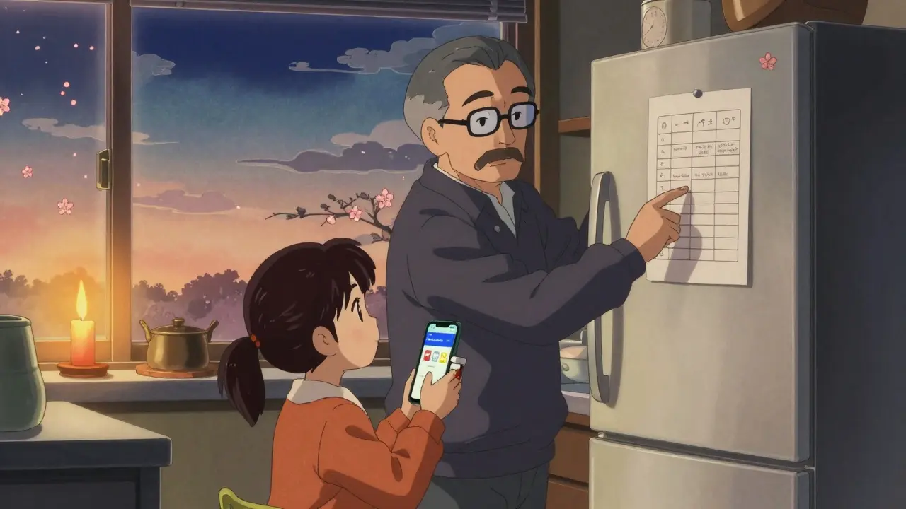 Family reviewing medication checklist on fridge with phone displaying app.