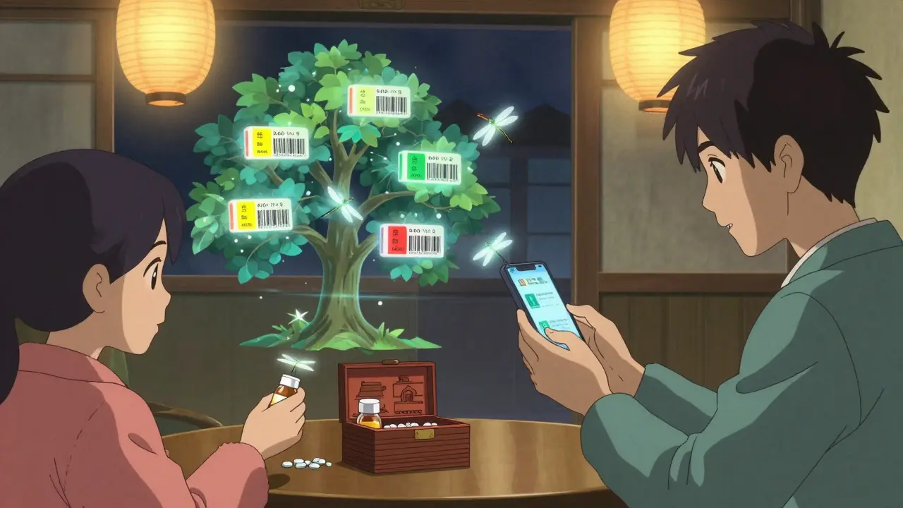 Family scanning pills with a phone, expiration dates as dragonflies flying to a digital tree under lantern light.