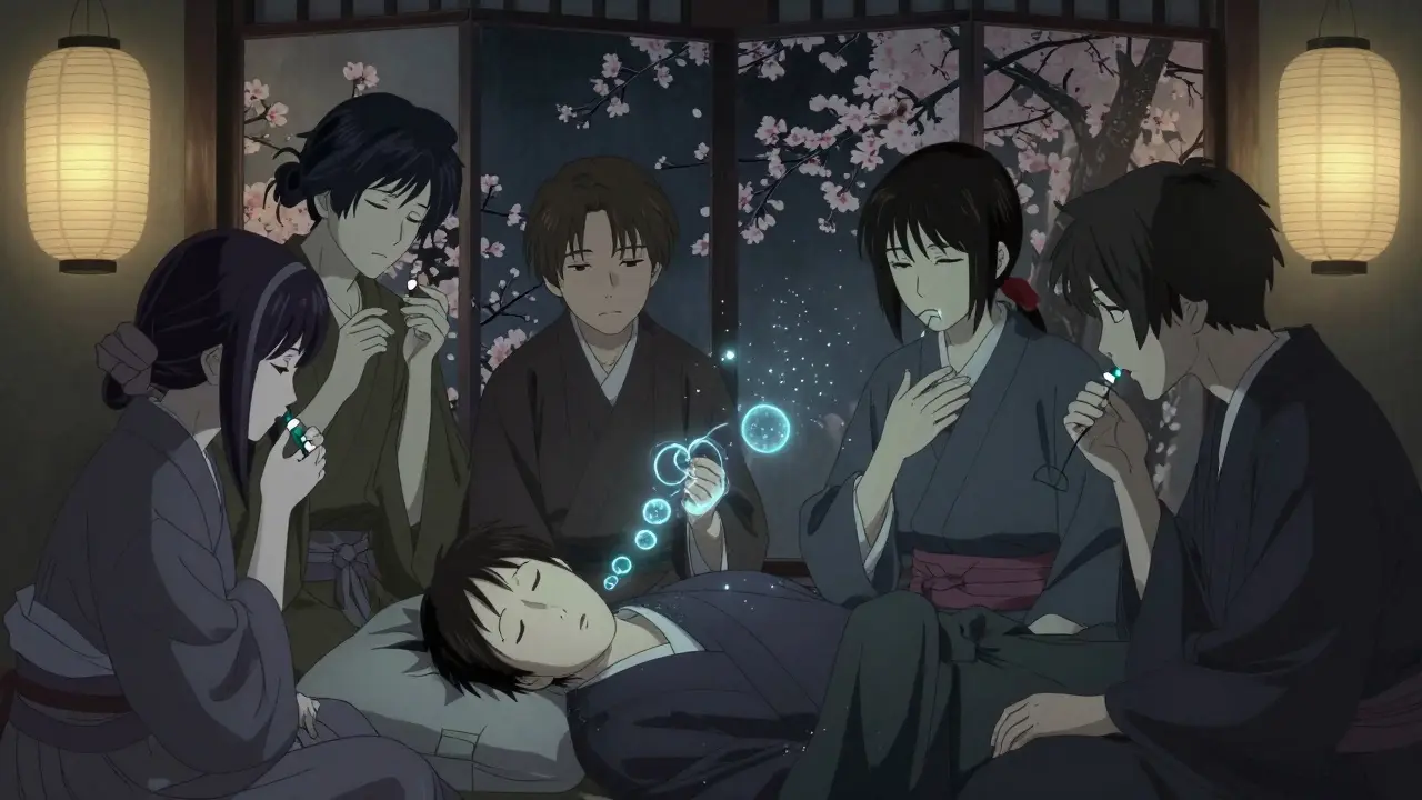 Friends monitor a sleeping person’s breathing, one holding naloxone, as ethereal breath particles fade in the moonlit room.