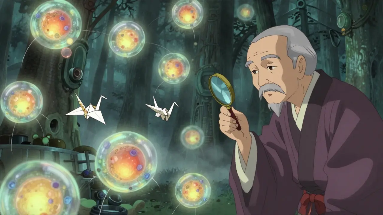 Glowing cells in a bioreactor produce paper cranes of varying detail, watched by a wise observer in traditional robes.