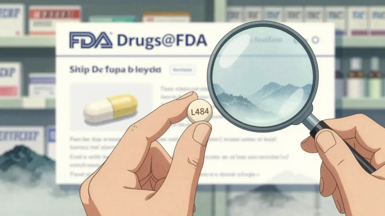 Hand holding pill with magnifying glass, overlay shows correct pill image.