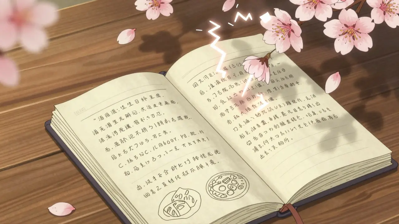 Handwritten migraine diary with floating aura symbols and falling cherry blossoms.