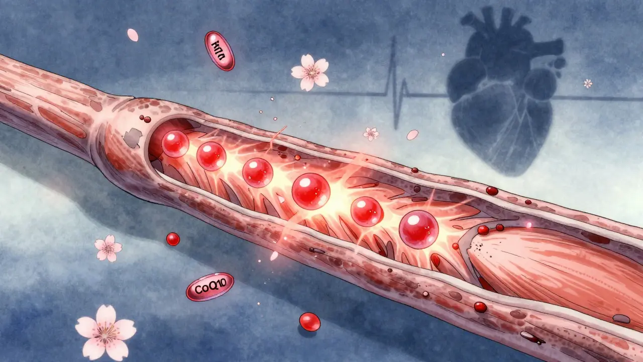 Magnified muscle fiber with bursting calcium ions and fading CoQ10 molecules, rendered in ink-wash anime style.