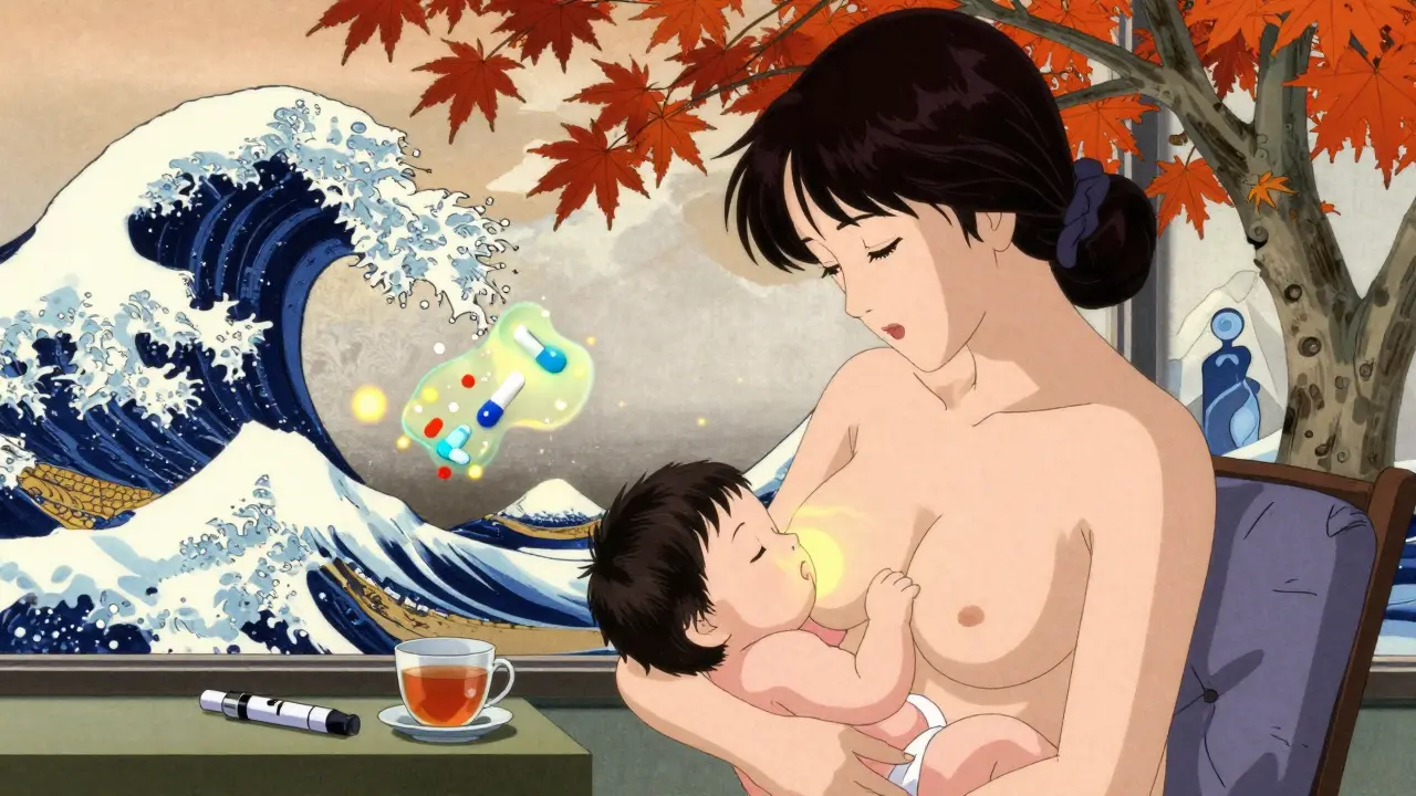Mother breastfeeding postpartum, insulin pen nearby, metformin molecules like fireflies.