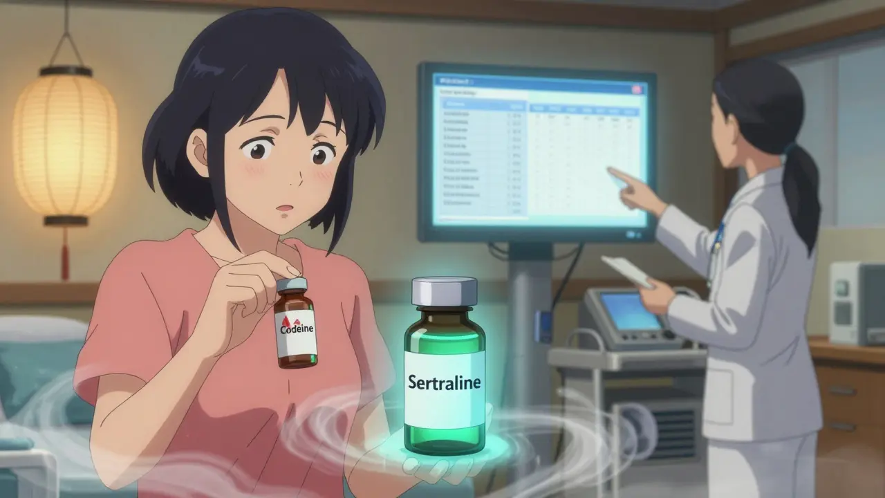 Mother choosing safe medication over risky one, with LactMed database visible in soft glowing light.