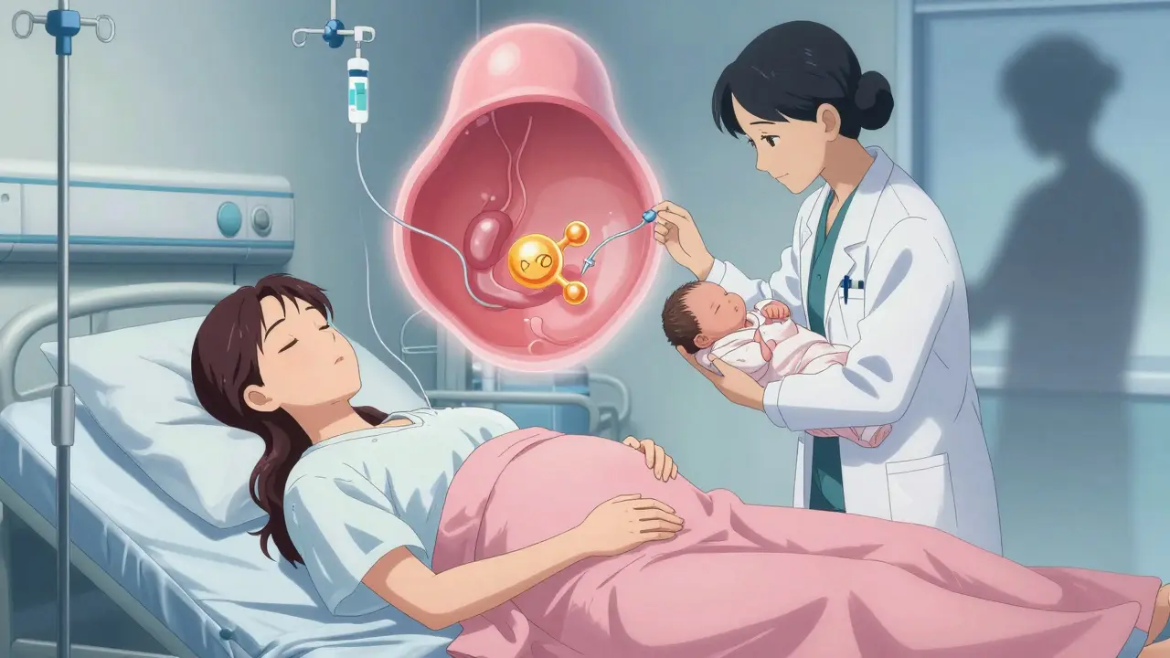 Mother in labor with IV insulin, newborn held nearby, banned meds fading as mist.