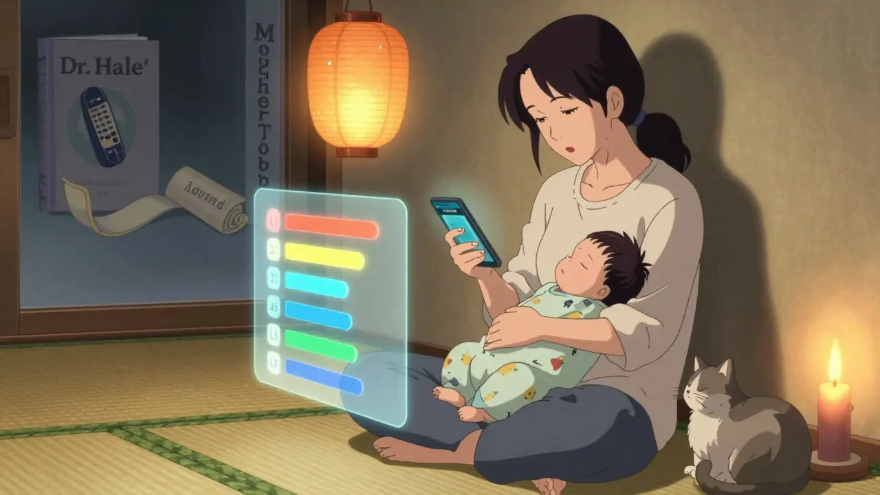 Mother using LactMed app with safety levels glowing like lanterns beside sleeping baby