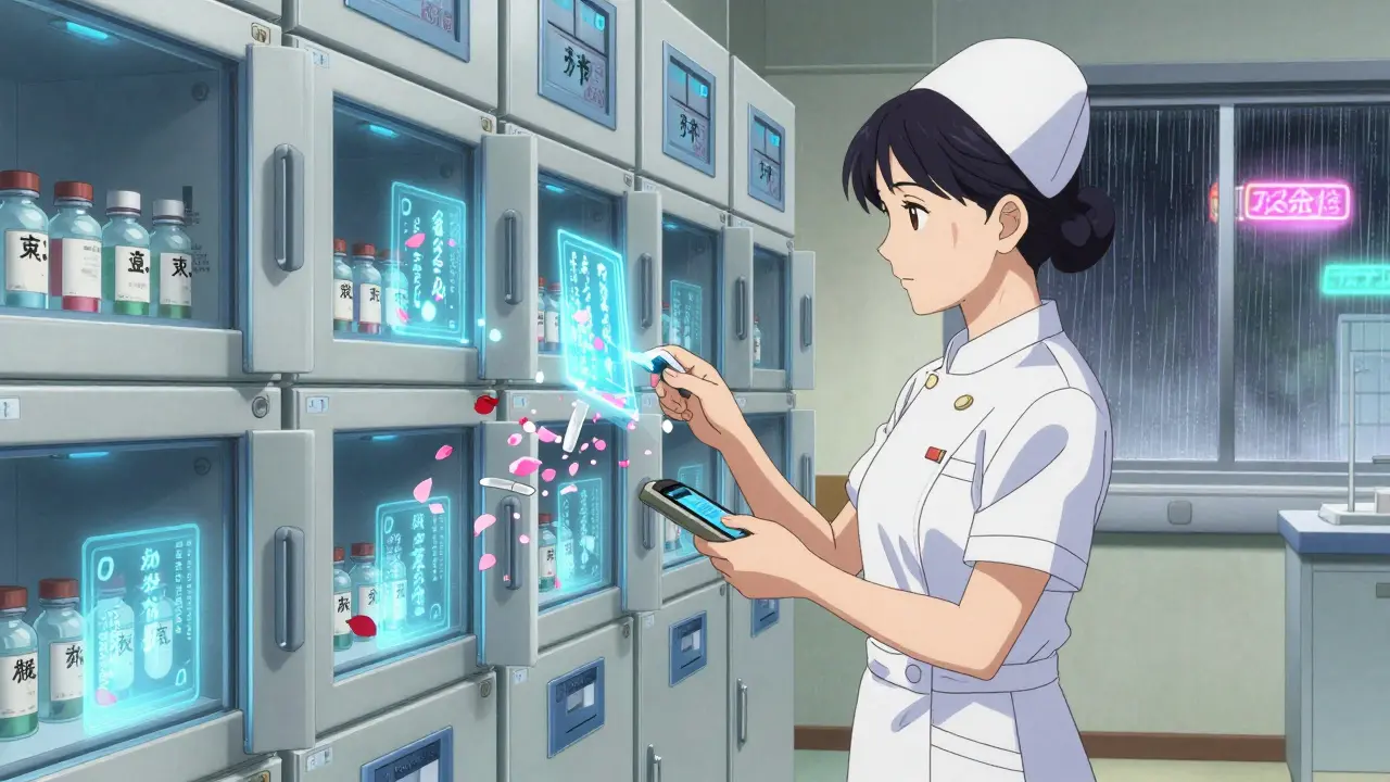 Nurse scanning hospital cabinets as expired meds turn to petals, holographic dates shimmering in ukiyo-e style.