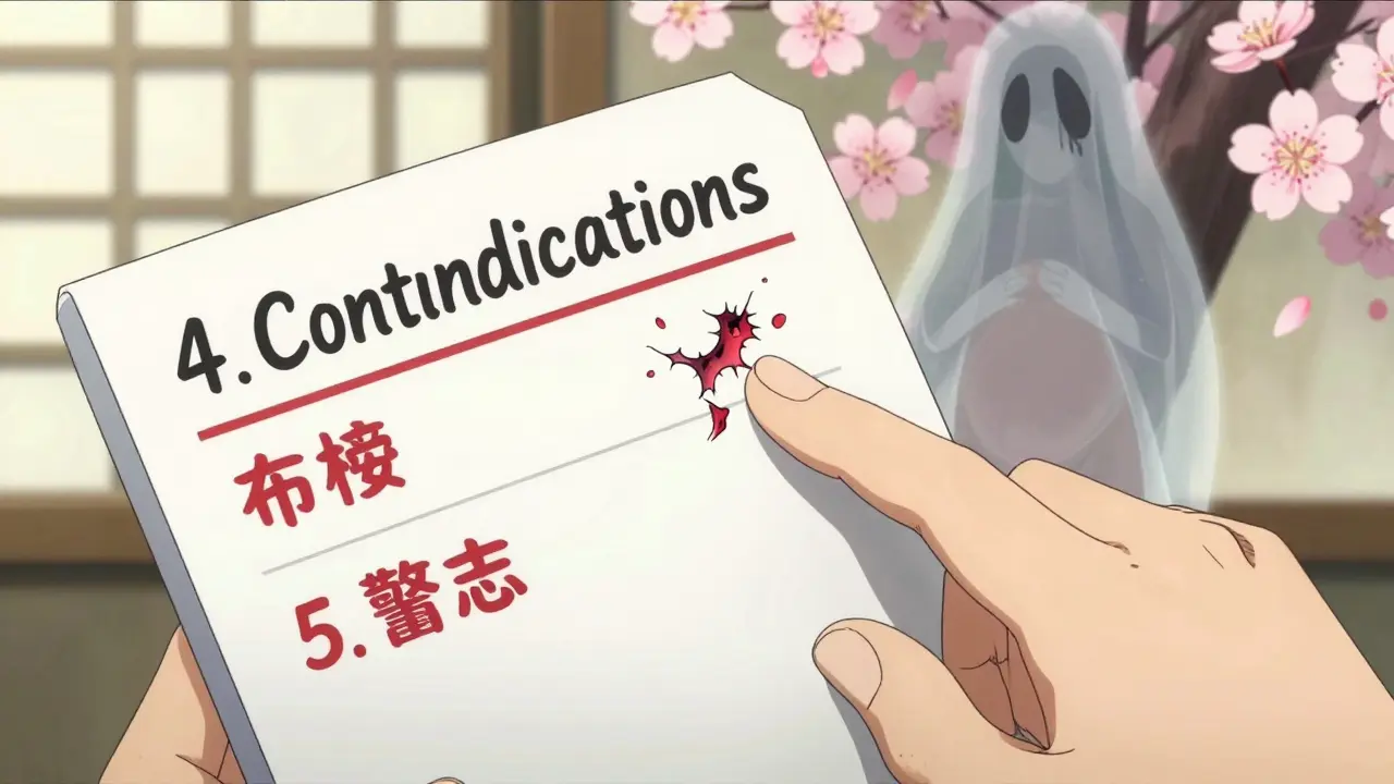 Open drug label with highlighted sections, ghostly silhouettes of contraindications and warnings amid cherry blossoms.