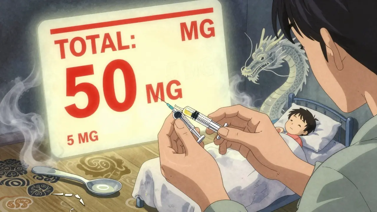 Parent using an oral syringe while a discarded teaspoon lies nearby, protective dragon made of medicine above child's bed.