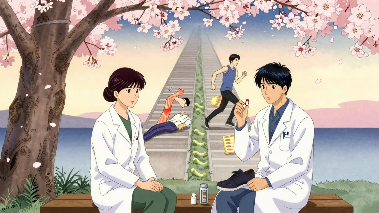 Patient and doctor under cherry tree, two paths showing muscle recovery versus decline, sakura petals falling.