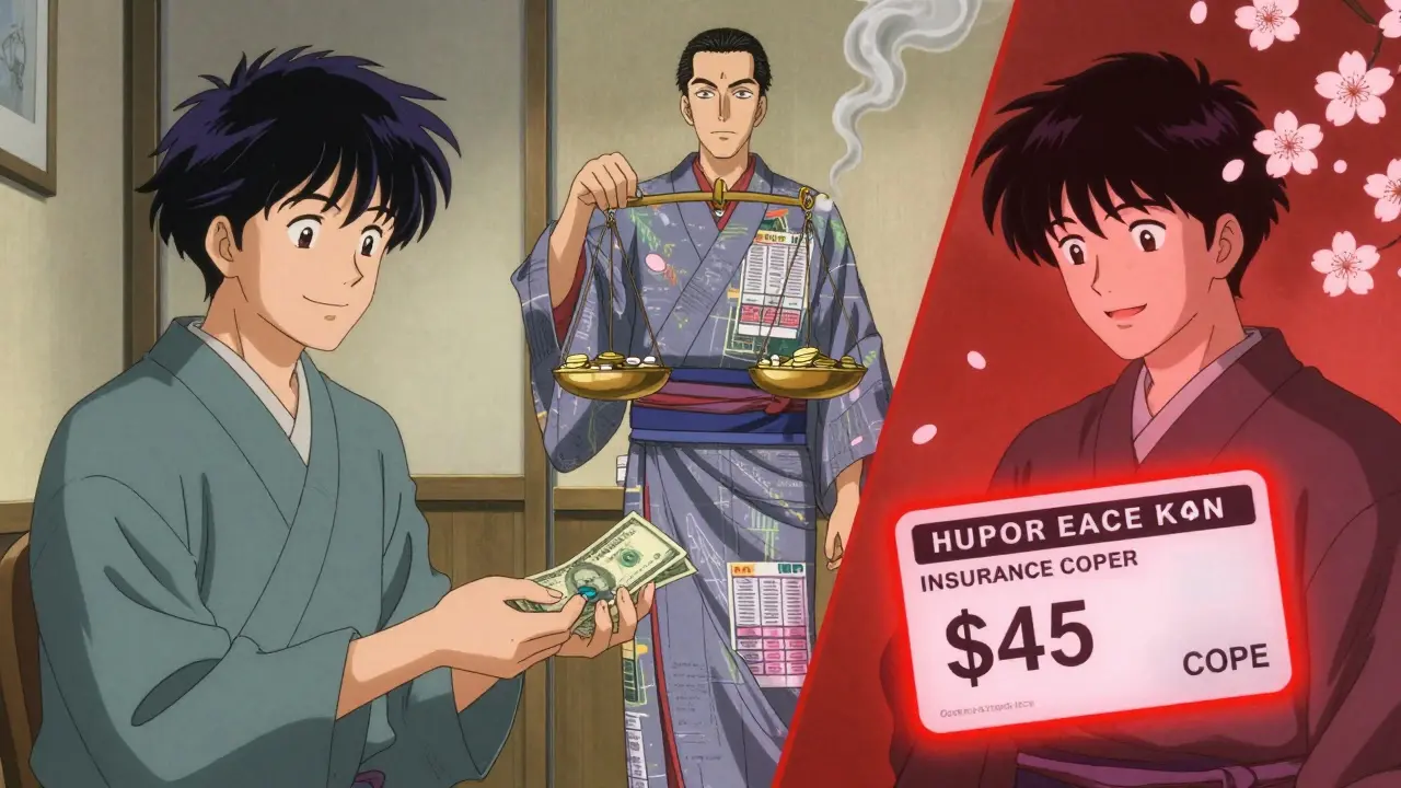 Patient paying  cash vs.  insurance copay, PBM executive in financial kimono.