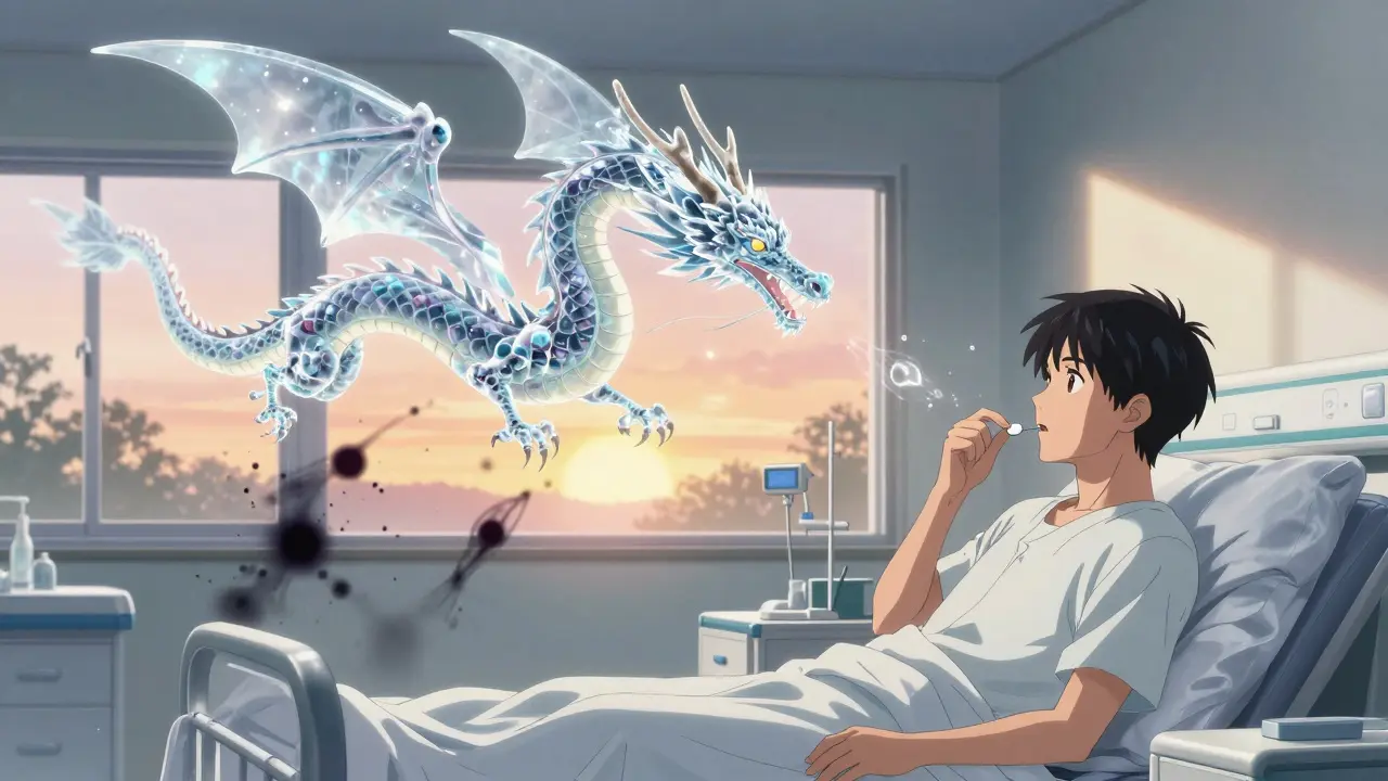Patient taking a DOAC pill as crystalline dragons dissolve blood clots in a sunlit hospital room.