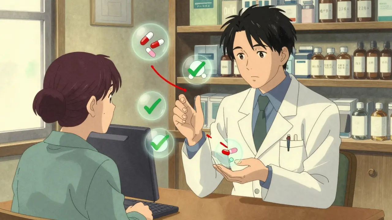 Pharmacist explaining drug timing with floating icons of interacting medications in a cozy pharmacy.