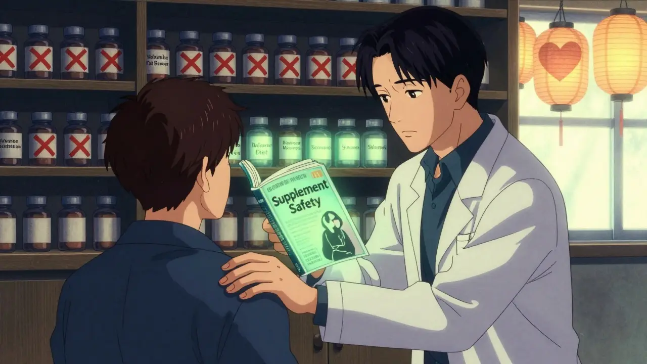 Pharmacist guiding a patient past banned supplement bottles, safe alternatives glowing green under lantern-lit light.