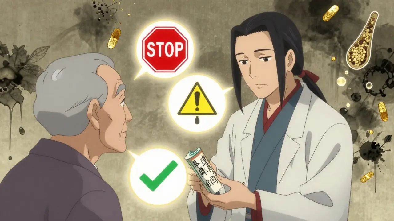 Pharmacist translating drug label to elderly patient, glowing symbols showing safety instructions in anime style.