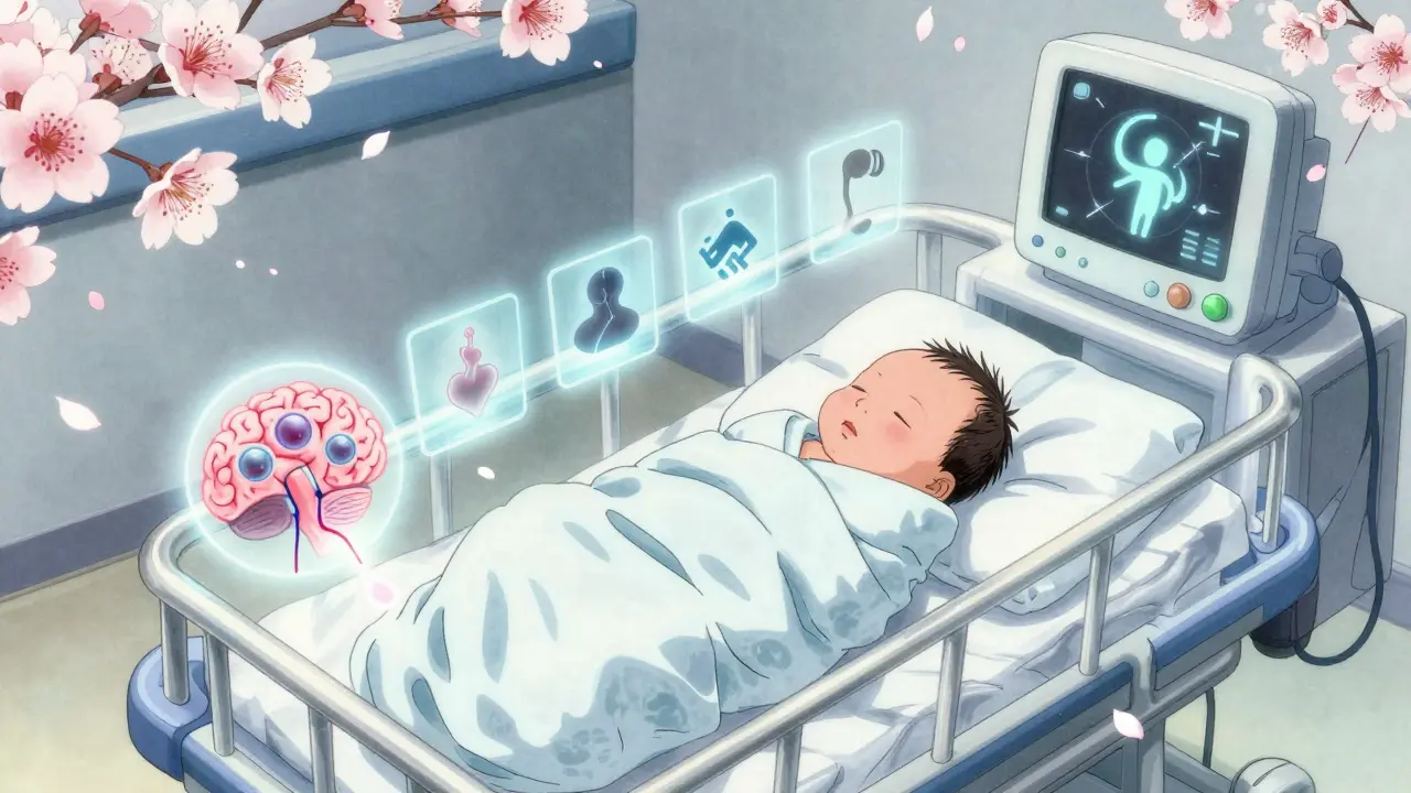Premature newborn in NICU with floating heart and brain symbols, cherry blossoms falling