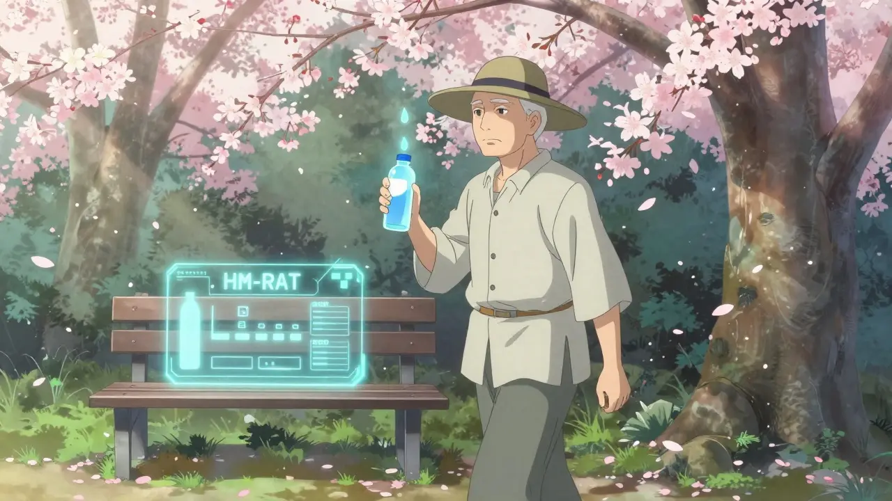 Senior walking in a shaded park at dawn, holding an electrolyte drink, with a digital heat-risk meter nearby.