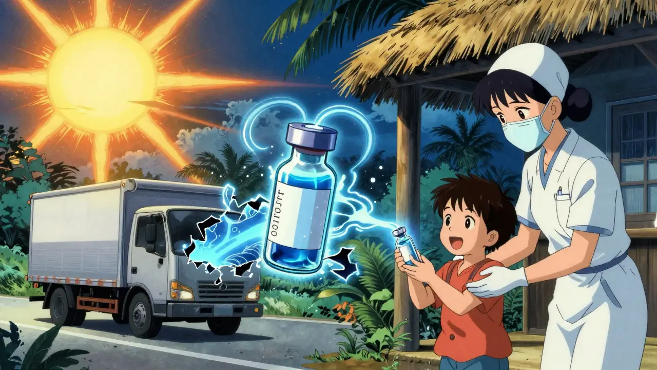 Split scene: a melting vial in a hot truck vs. a child receiving a preserved vaccine in a tropical village.