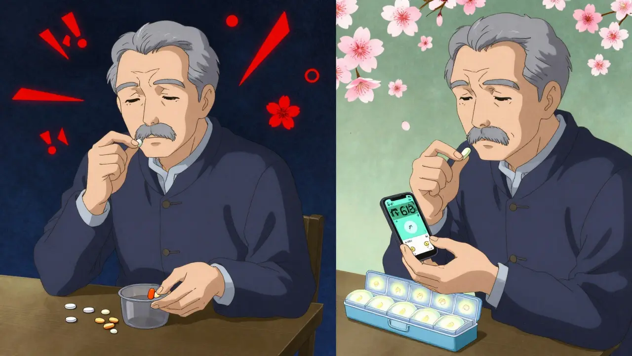 Split scene: chaotic pill-taking vs. timed routine with digital reminders and glowing pills.