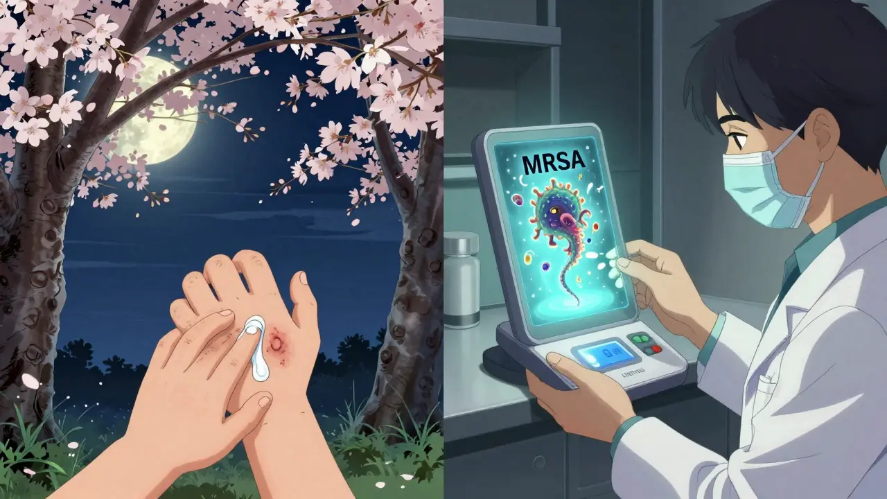 Split scene: child applying cream under sakura tree, doctor holding glowing diagnostic device revealing MRSA as a dragon.