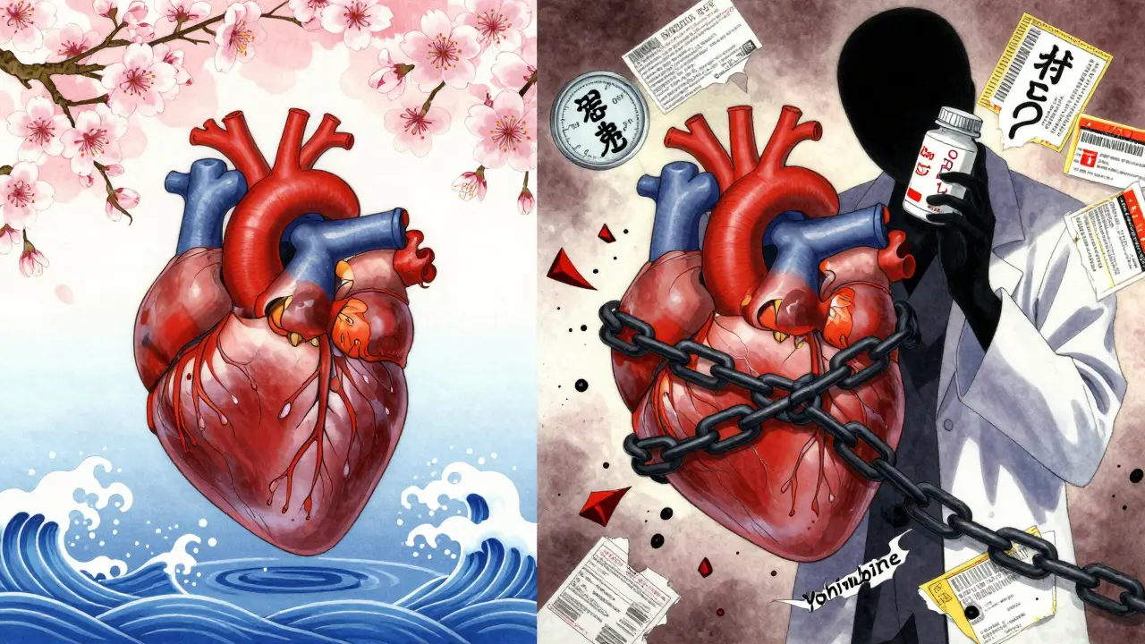 Split scene: healthy heart with cherry blossoms vs. constricted heart bound by chains labeled 'Yohimbine' with shattering gauge.