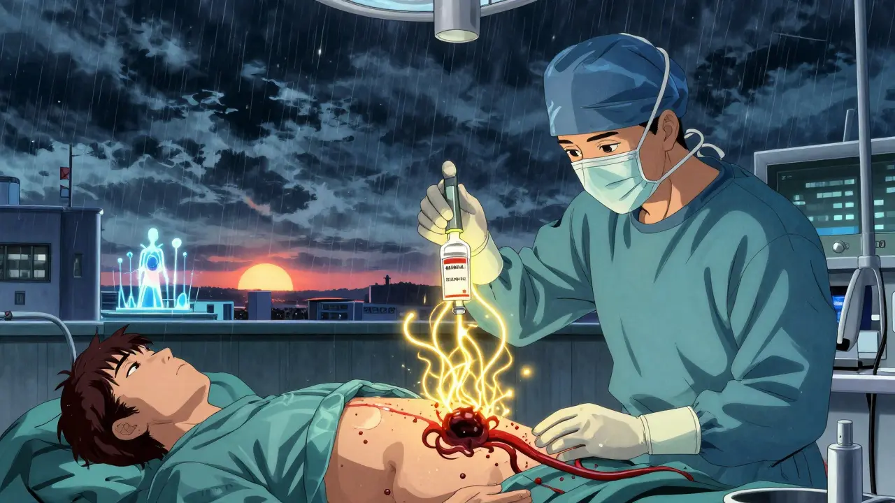 Surgeon using idarucizumab to neutralize a DOAC toxin in an emergency, with glowing magnetic tendrils and rising sun in background.