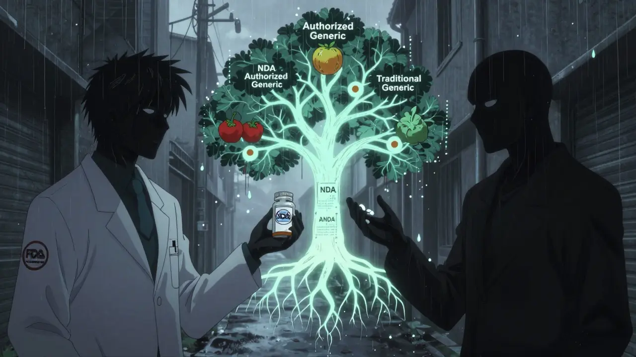 Two figures face off in a foggy alley as a tree with NDA and ANDA roots bears labeled fruit, symbolizing drug market dynamics.