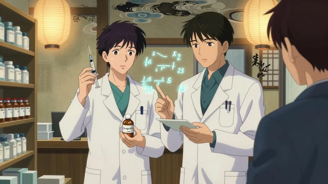 Two pharmacists verifying a liquid medication dose using an oral syringe and glowing calculations.