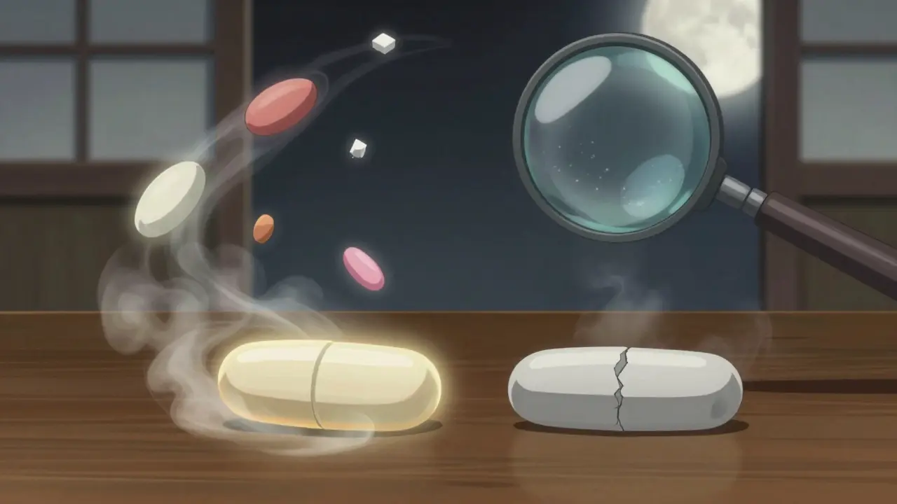 Two pills on a wooden table, one glowing gold and one dull, surrounded by floating colors representing inactive ingredients under moonlight.