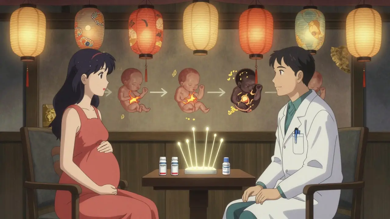 Woman and doctor in consultation with floating prescriptions, lamotrigine glowing brighter