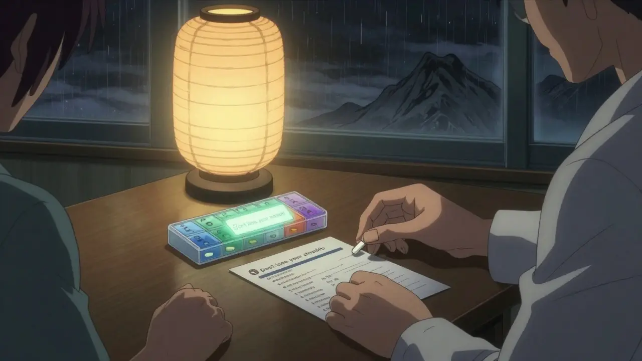 A clinician's desk with a default generic prescription and a 'don't lose your streak' message, under a lantern in a calm ukiyo-e setting.