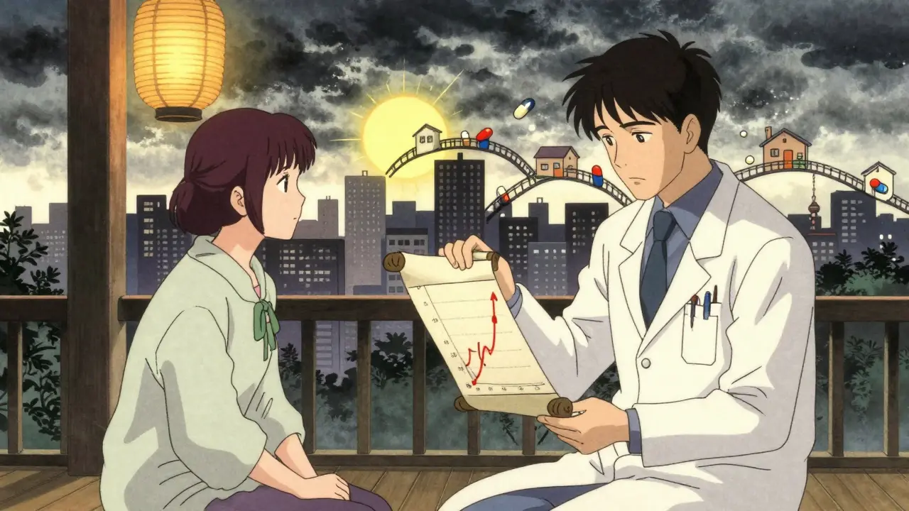 A doctor and patient reviewing drug level charts under a lantern-lit veranda with symbolic imagery