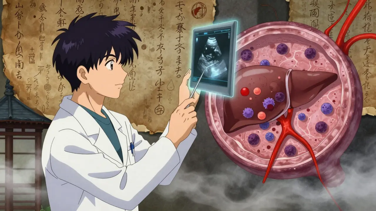 A doctor performing a liver biopsy with a holographic ultrasound, microscopic inflammation visible in soft ink-wash tones.