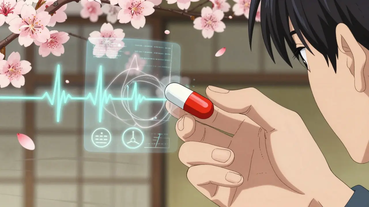 A patient examining a changed pill with medical data floating around it in delicate anime style