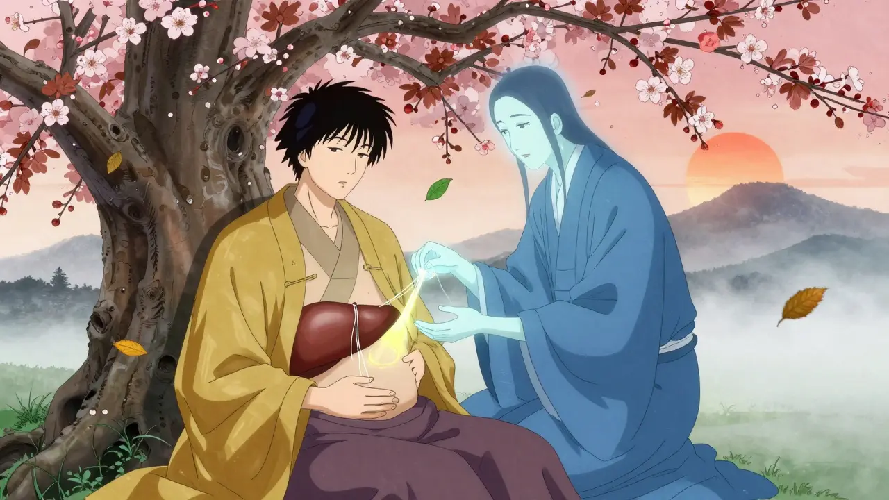 A patient healing under a plum tree as spectral figures repair their liver with threads of light, autumn leaves turning green.