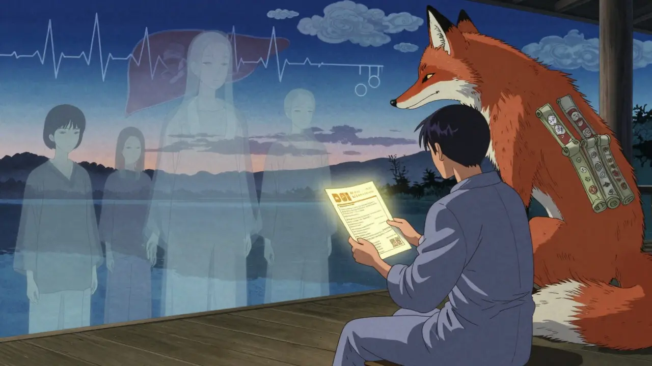 A patient on a porch holds a glowing drug warning as spectral figures rise behind them, watched by a fox spirit made of medical scrolls under an EKG-shaped sky.