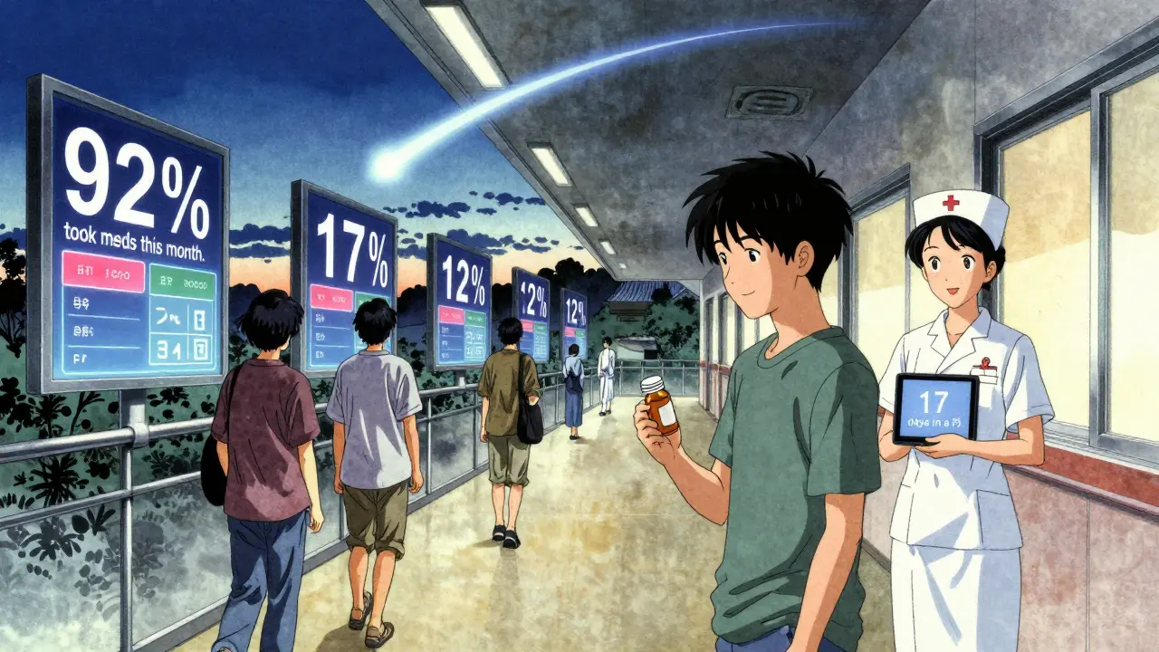 A patient pauses before a digital adherence stat in a hospital hallway, with a glowing comet symbolizing social belonging.