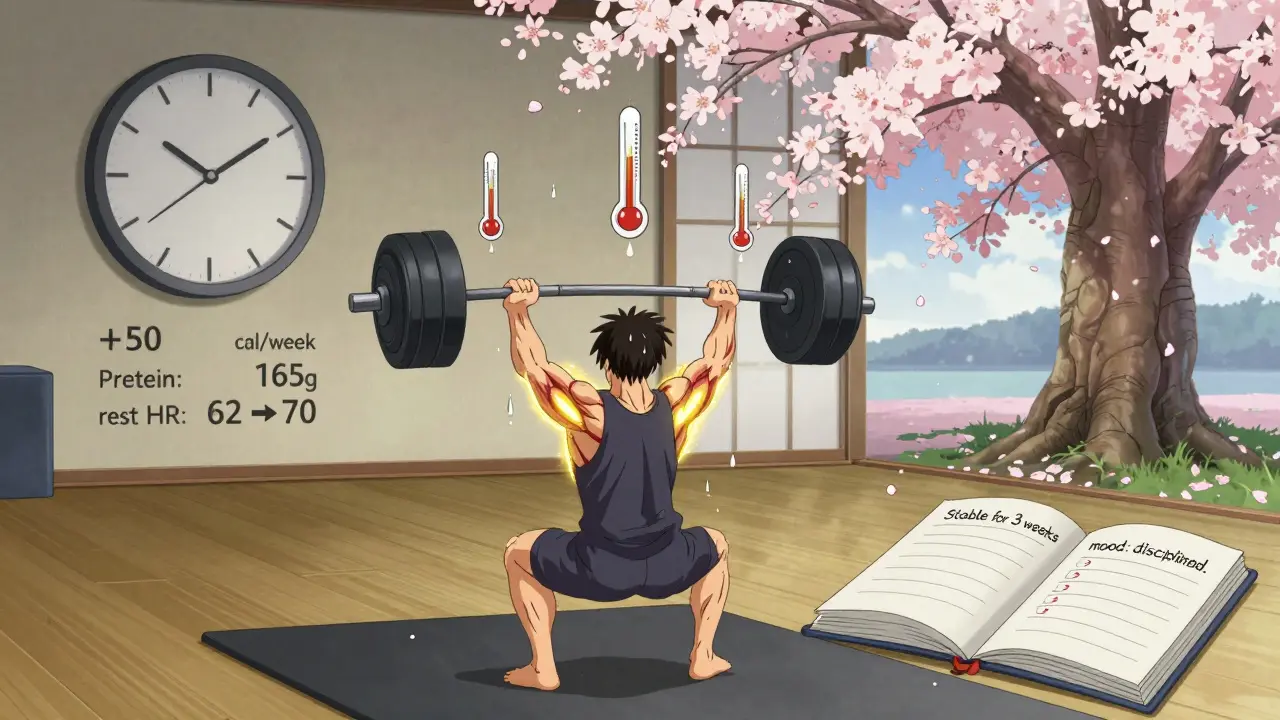 A person lifting weights in a dojo, sweat turning into rising thermometers, with floating progress markers and blooming cherry blossoms.