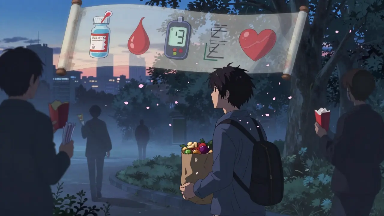 A person walking peacefully through a park with healthy food, surrounded by shadowy fast-food figures and floating health symbols.